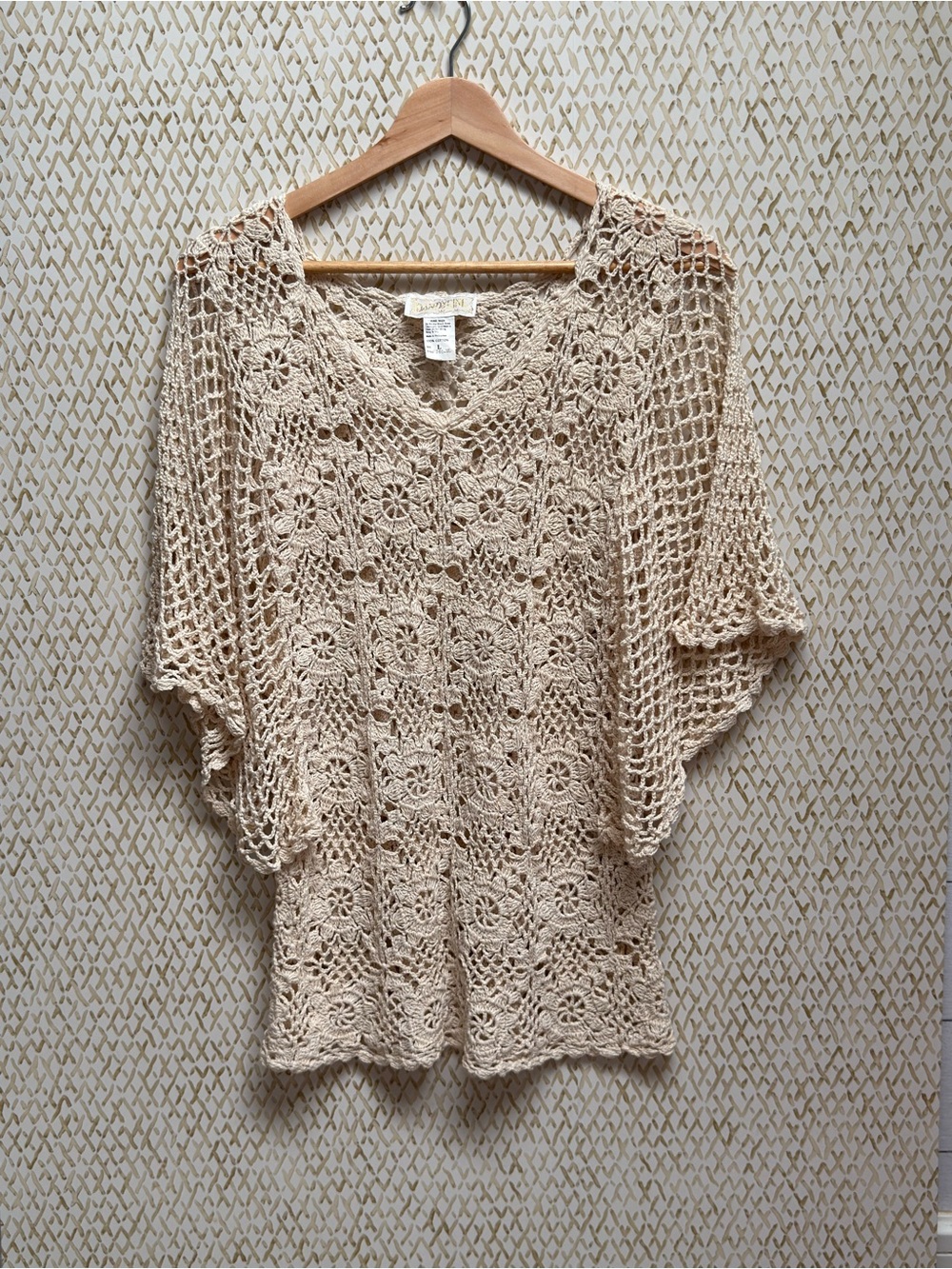 Dandyline Vintage Cream Hand Crochet Tunic Top Boho Floral Open Knit Size L
